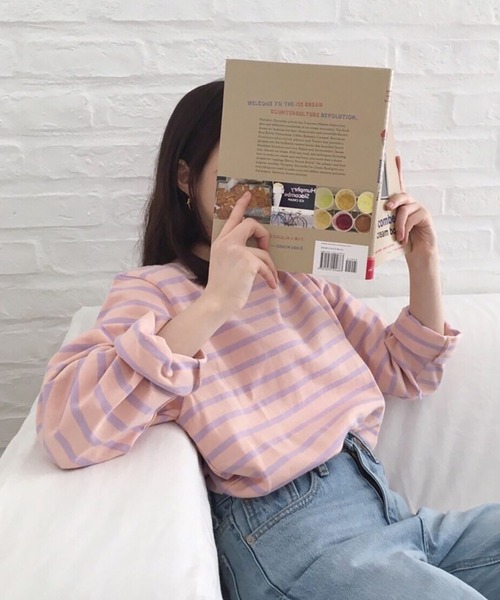 Girly Doll（ガーリードール）の「クルーネックボーダーロングTシャツ（Tシャツ/カットソー・レディース・ライトブルー/ダークブルー/オレンジ/ピンク・M/L）」の19枚目の写真