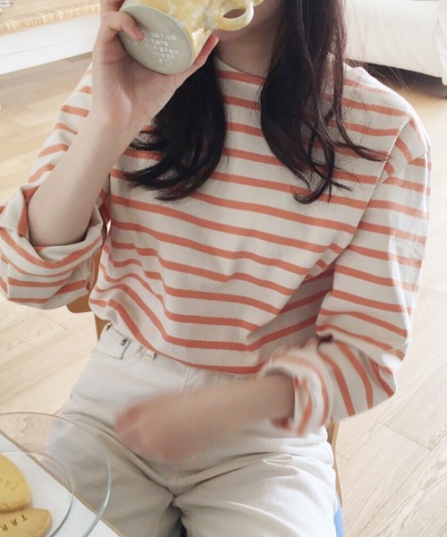 Girly Doll（ガーリードール）の「クルーネックボーダーロングTシャツ（Tシャツ/カットソー・レディース・ライトブルー/ダークブルー/オレンジ/ピンク・M/L）」の22枚目の写真