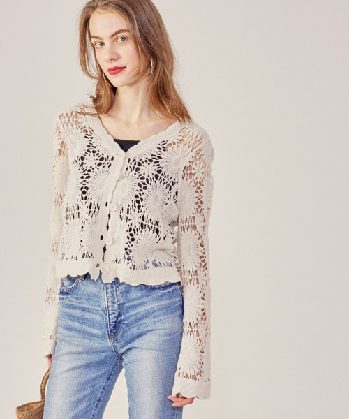 レア 極美品 45R クロッシェ フラワー ボレロ カーディガン ハンドニット BENDER TOKYO カーディガン レトロ フラワー クロシェ かぎ針編み