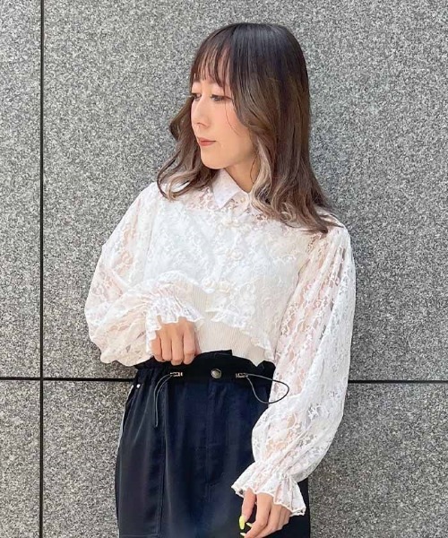 axes femme POETIQUE（アクシーズファムポエティック）の「チャイナボタンレースブラウス（シャツ/ブラウス・レディース・キナリ/ブラック/ピンク・MEDIUM）」の2枚目の写真
