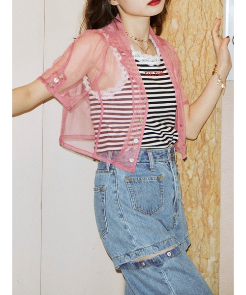 jouetie（ジュエティ）の「カラーシアークロップドブラウス（シャツ/ブラウス・レディース・ブラウン/ピンク/グリーン・MEDIUM）」の3枚目の写真