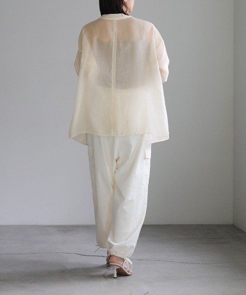 ブラウス シャツ 2WAYノーカラーシアーブラウス レディース BLUEEAST ブラウス シャツ ノーカラーシアーシャツ レディース