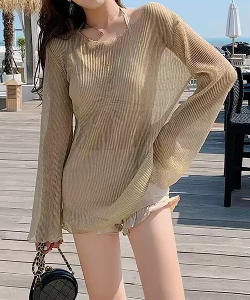 Dalfwin(ダールフィン)の「ラメシアートップス付きフリルビキニ3点セット水着(水着・レディース・ライトブルー/ブラック/ベージュ/ブラウン/ピンク・ONE SIZE)」の4枚目の写真