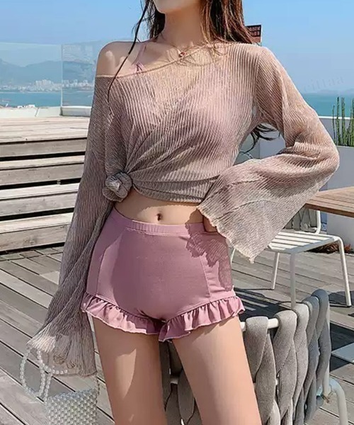 Dalfwin(ダールフィン)の「ラメシアートップス付きフリルビキニ3点セット水着(水着・レディース・ライトブルー/ブラック/ベージュ/ブラウン/ピンク・ONE SIZE)」の1枚目の写真