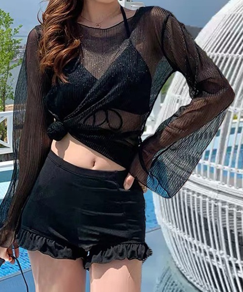 Dalfwin(ダールフィン)の「ラメシアートップス付きフリルビキニ3点セット水着(水着・レディース・ライトブルー/ブラック/ベージュ/ブラウン/ピンク・ONE SIZE)」の6枚目の写真