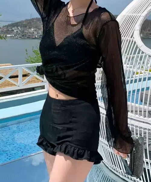 Dalfwin(ダールフィン)の「ラメシアートップス付きフリルビキニ3点セット水着(水着・レディース・ライトブルー/ブラック/ベージュ/ブラウン/ピンク・ONE SIZE)」の8枚目の写真