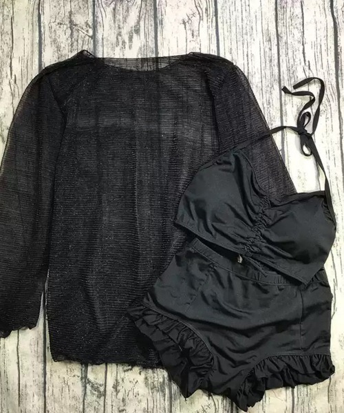 Dalfwin(ダールフィン)の「ラメシアートップス付きフリルビキニ3点セット水着(水着・レディース・ライトブルー/ブラック/ベージュ/ブラウン/ピンク・ONE SIZE)」の11枚目の写真