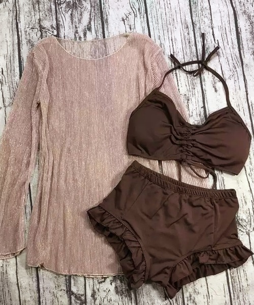 Dalfwin(ダールフィン)の「ラメシアートップス付きフリルビキニ3点セット水着(水着・レディース・ライトブルー/ブラック/ベージュ/ブラウン/ピンク・ONE SIZE)」の18枚目の写真