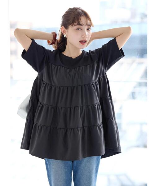 AMERICAN HOLIC(アメリカンホリック)の「異素材ティアードカットチュニック(Tシャツ/カットソー・レディース・ピンク/グリーン/ブラック/オフホワイト・M/L)」の7枚目の写真