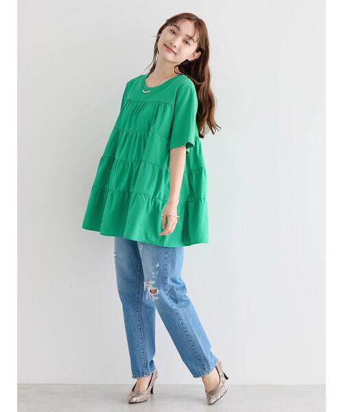 AMERICAN HOLIC(アメリカンホリック)の「異素材ティアードカットチュニック(Tシャツ/カットソー・レディース・ピンク/グリーン/ブラック/オフホワイト・M/L)」の12枚目の写真