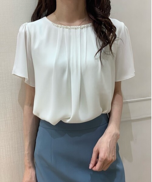 TOKYO SHIRTS（トウキョウシャツ）の「ビジュー付きシフォン半袖ブラウス（シャツ/ブラウス・レディース・ブラック/オフホワイト/ライム・M/L）」の2枚目の写真