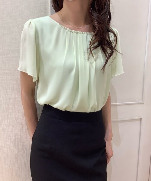 TOKYO SHIRTS（トウキョウシャツ）の「ビジュー付きシフォン半袖ブラウス（シャツ/ブラウス・レディース・ブラック/オフホワイト/ライム・M/L）」の3枚目の写真