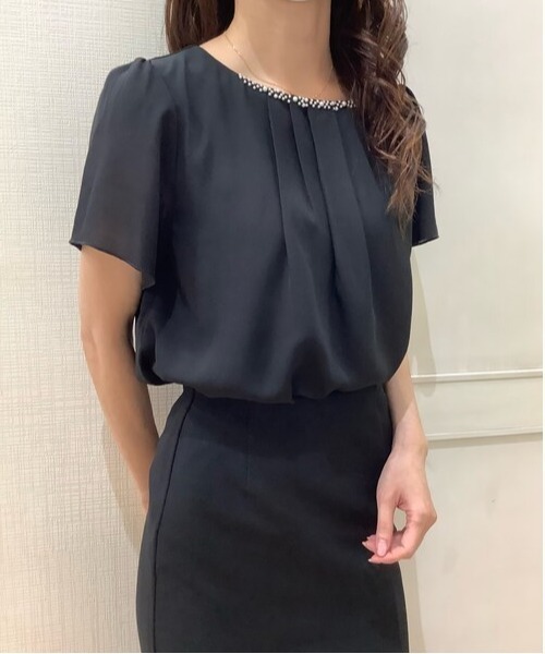 TOKYO SHIRTS（トウキョウシャツ）の「ビジュー付きシフォン半袖ブラウス（シャツ/ブラウス・レディース・ブラック/オフホワイト/ライム・M/L）」の21枚目の写真