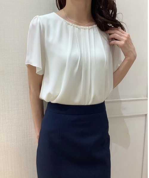 TOKYO SHIRTS（トウキョウシャツ）の「ビジュー付きシフォン半袖ブラウス（シャツ/ブラウス・レディース・ブラック/オフホワイト/ライム・M/L）」の16枚目の写真