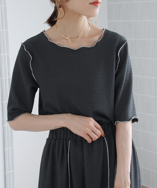 Crisp（クリスプ）の「バイカラーメロウジャカードTシャツ（Tシャツ/カットソー・レディース・アイボリー/チャコールグレー・FREE）」の4枚目の写真