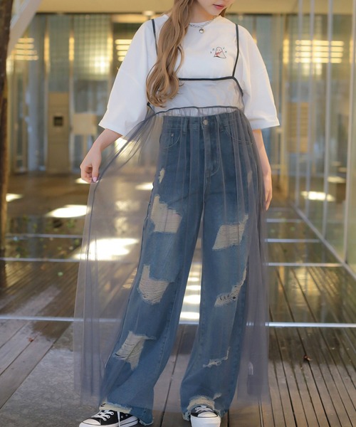 SPINNS（スピンズ）の「【2way!前後で着られる】チュールロングキャミワンピース レイヤード（ワンピース・レディース・アイボリー/ブルー/ブラック/チャコール/ピンク/グレイッシュベージュ/ピンク系その他/ライトブルー/レッド・ONESIZE）」の3枚目の写真