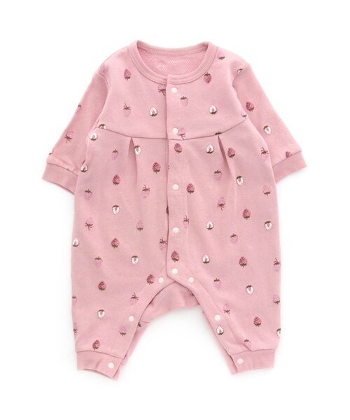 Ampersand（アンパサンド）の「いちご・花柄カバーオール（ロンパース・キッズ・ピンク/アイボリー・70/80/60）」の2枚目の写真