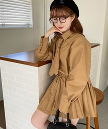 タイ付きシャツプリーツミニワンピース