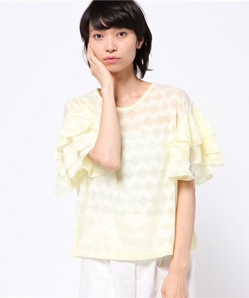 OUTLET（アウトレット）の「【mystic】袖フリル透ケプルオーバー（シャツ/ブラウス・レディース・イエロー/ブルー/オフホワイト/ブラック・FREE）」の4枚目の写真