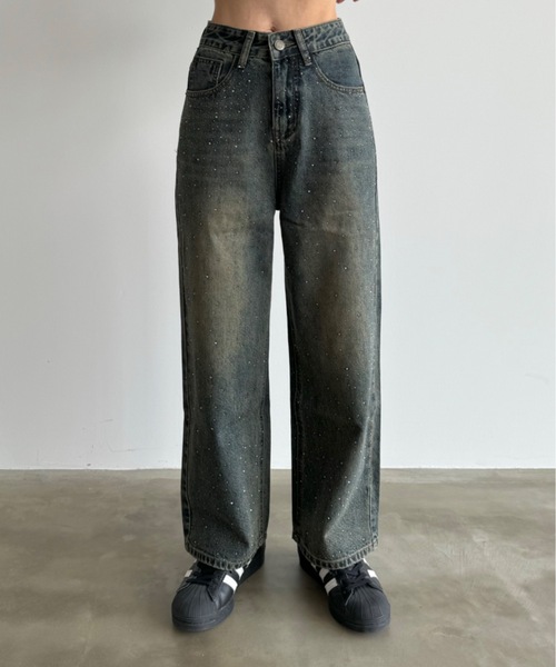 SNSで話題のキラキラデニム!】オーロララインストーン付きヴィンテージ