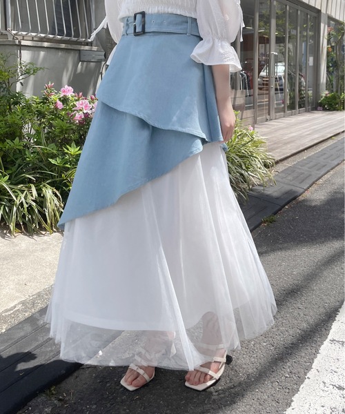 AMERI アメリ　イレギュラーヘムレイヤードスカート　デニム　チュール　M LAYERED REMAKE DENIM SKIRT（デニムスカート）｜Ameri（アメリ