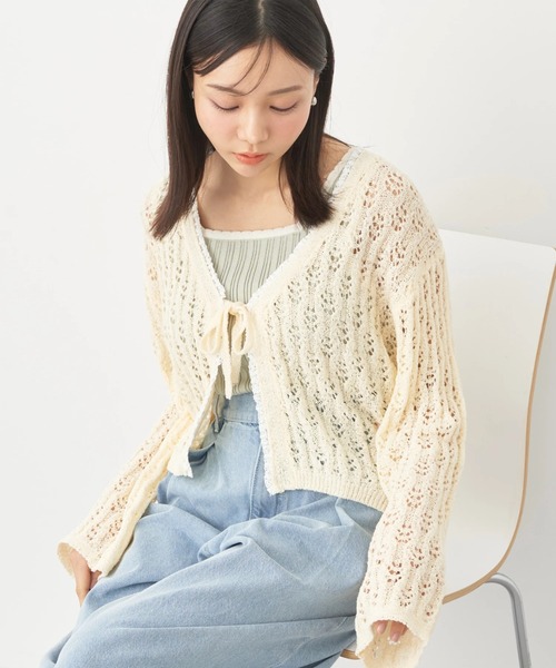 earth music&ecology（アースミュージックアンドエコロジー）の「テープヤーンリボンカーディガン（カーディガン/ボレロ・レディース・ライトパープル/モカ/ライトブルー/クリーム・FREE）」の3枚目の写真