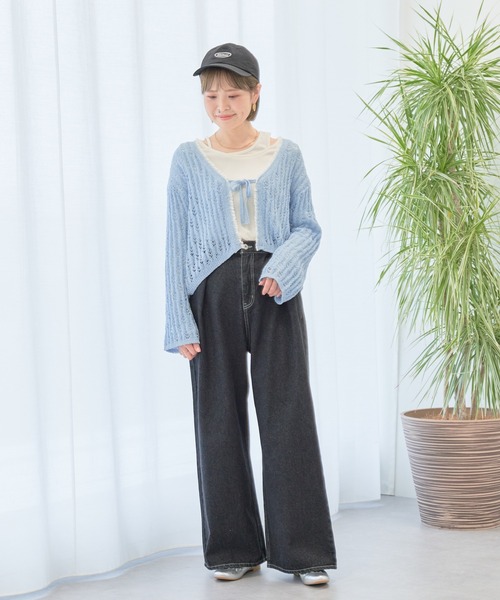 earth music&ecology（アースミュージックアンドエコロジー）の「テープヤーンリボンカーディガン（カーディガン/ボレロ・レディース・ライトパープル/モカ/ライトブルー/クリーム・FREE）」の5枚目の写真