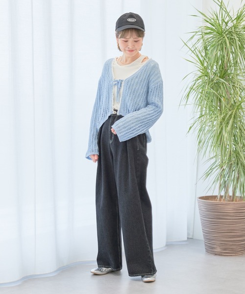 earth music&ecology（アースミュージックアンドエコロジー）の「テープヤーンリボンカーディガン（カーディガン/ボレロ・レディース・ライトパープル/モカ/ライトブルー/クリーム・FREE）」の6枚目の写真