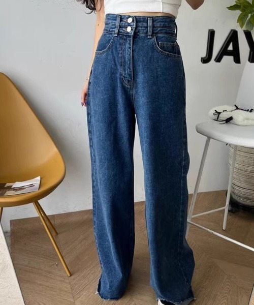 セール】ワイドデニムパンツ ハイウエストダブルボタン（デニムパンツ