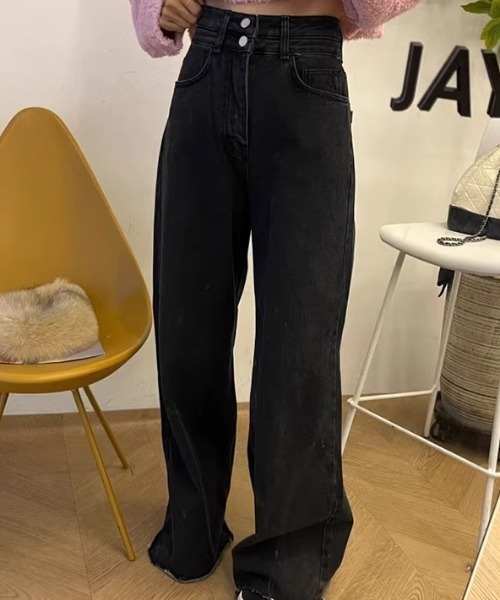 COCOMOMO(ココモモ)の「ワイドデニムパンツ ハイウエストダブルボタン(デニムパンツ・レディース・ダークブルー/ブラック・S/M/L)」の2枚目の写真