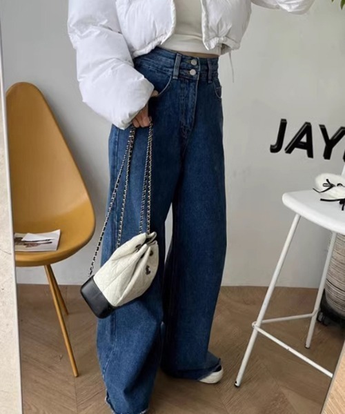 COCOMOMO(ココモモ)の「ワイドデニムパンツ ハイウエストダブルボタン(デニムパンツ・レディース・ダークブルー/ブラック・S/M/L)」の5枚目の写真