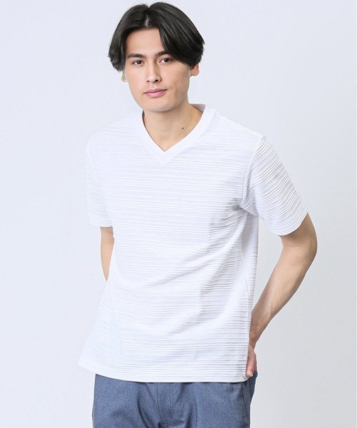 TAKA-Q(タカキュー)の「【綿混】タカキュー タックボーダー Vネック 半袖 Tシャツ(Tシャツ/カットソー・メンズ・ブラック/ホワイト/ネイビー・X-LARGE/LARGE/MEDIUM)」の1枚目の写真