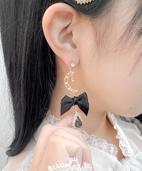 セール】クリスタルムーンリボンピアス（ピアス（両耳用