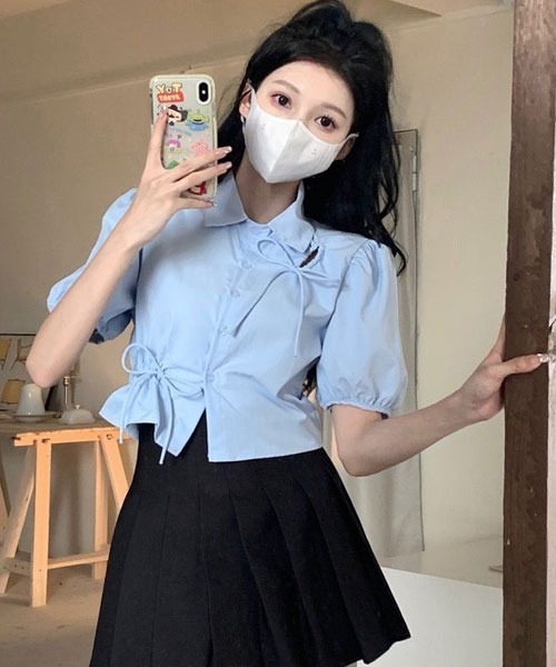 Mayree（メイリー）の「【Mayree】リボン　パフスリーブブラウス（Tシャツ/カットソー・レディース・ブルー・X-LARGE/MEDIUM/SMALL/LARGE）」の2枚目の写真