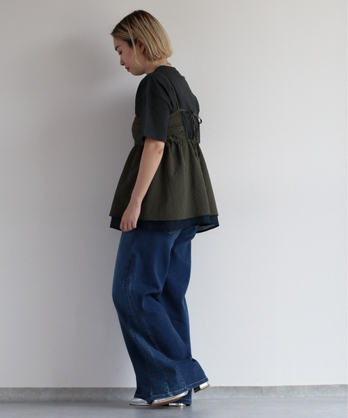 cepo（セポ）の「リサイクルポリサッカー キャミビスチェ＜セットアップ可能＞（キャミソール・レディース・ブラック/ブラック×ホワイト/オリーブ・M）」の5枚目の写真