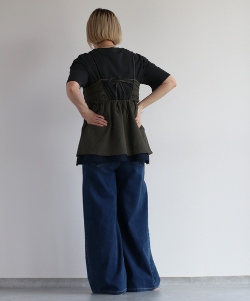 cepo（セポ）の「リサイクルポリサッカー キャミビスチェ＜セットアップ可能＞（キャミソール・レディース・ブラック/ブラック×ホワイト/オリーブ・M）」の6枚目の写真