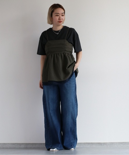 cepo（セポ）の「リサイクルポリサッカー キャミビスチェ＜セットアップ可能＞（キャミソール・レディース・ブラック/ブラック×ホワイト/オリーブ・M）」の8枚目の写真