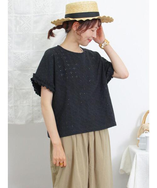 Samansa Mos2（サマンサ モスモス）の「アイレットジャカードフリルカットソー（Tシャツ/カットソー・レディース・キナリ/ブルー/グリーン/ブラック・F）」の5枚目の写真