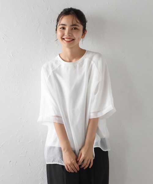 Bonjour Sagan(ボンジュールサガン)の「オーガンジーラグランTシャツ(Tシャツ/カットソー・レディース・オフホワイト/グレイッシュベージュ/ブルーグレー・FREE)」の1枚目の写真