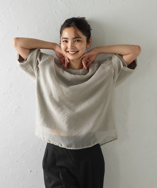Bonjour Sagan(ボンジュールサガン)の「オーガンジーラグランTシャツ(Tシャツ/カットソー・レディース・オフホワイト/グレイッシュベージュ/ブルーグレー・FREE)」の2枚目の写真