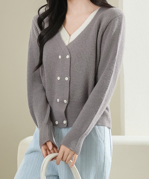 Lace Ladies（レースレディース）の「フェイクレイヤード ダブルボタン Vネック ニット カーディガン（カーディガン/ボレロ・レディース・ミント/モカ/ピンク/ブラック/グレー・FREE）」の13枚目の写真