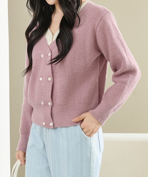 Lace Ladies（レースレディース）の「フェイクレイヤード ダブルボタン Vネック ニット カーディガン（カーディガン/ボレロ・レディース・ミント/モカ/ピンク/ブラック/グレー・FREE）」の18枚目の写真