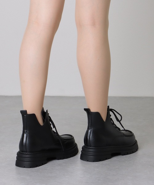 セール】レザー調 厚底 レースアップ ショート ブーツ（ブーツ）｜Lace