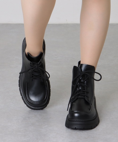 セール】レザー調 厚底 レースアップ ショート ブーツ（ブーツ）｜Lace