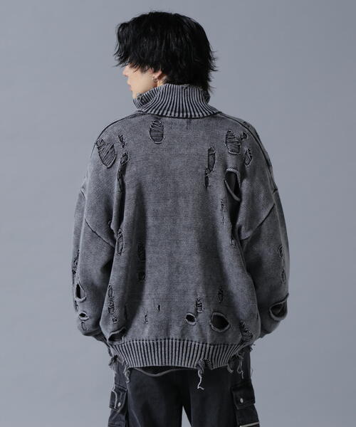DANKE SCHON（ダンケシェーン）の「DankeSchon/ダンケシェーン/ダメージピグメントドライバーズニット（ニット/セーター・レディース・ブラック/ホワイト系2・F）」の4枚目の写真