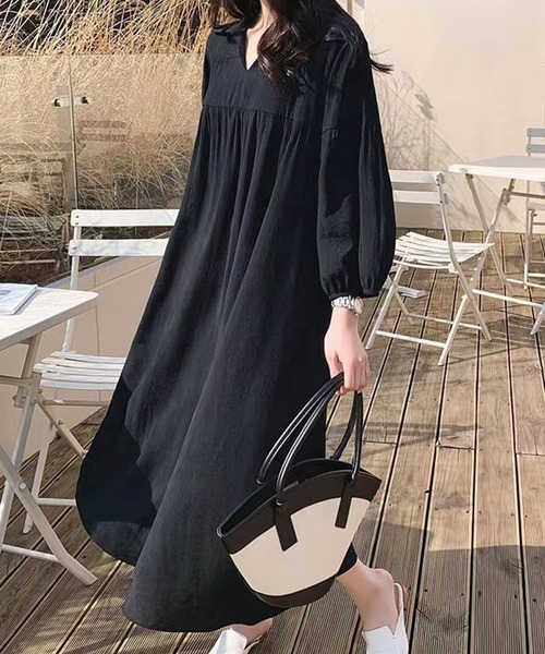 Dewlily(デューリリー)の「ゆったりシャツワンピース(ワンピース・レディース・ベージュ/ブラック・XL/L/M)」の2枚目の写真