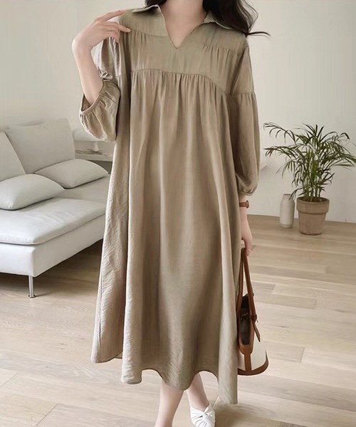 Dewlily(デューリリー)の「ゆったりシャツワンピース(ワンピース・レディース・ベージュ/ブラック・XL/L/M)」の4枚目の写真