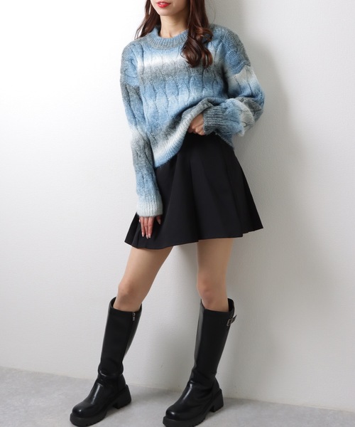 Lace Ladies(レースレディース)の「ラウンドネック ショート丈 グラデーション 配色 リブ ケーブルニット トップス(ニット/セーター・レディース・グレー/グリーン/パープル/イエロー・FREE)」の7枚目の写真
