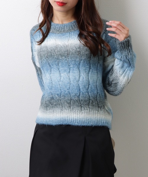 Lace Ladies(レースレディース)の「ラウンドネック ショート丈 グラデーション 配色 リブ ケーブルニット トップス(ニット/セーター・レディース・グレー/グリーン/パープル/イエロー・FREE)」の8枚目の写真