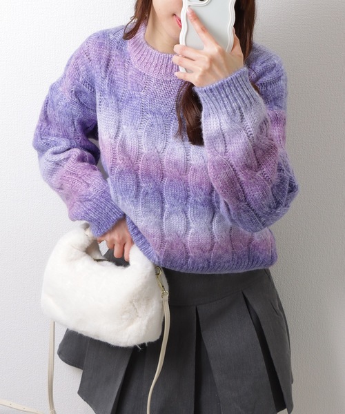 Lace Ladies(レースレディース)の「ラウンドネック ショート丈 グラデーション 配色 リブ ケーブルニット トップス(ニット/セーター・レディース・グレー/グリーン/パープル/イエロー・FREE)」の12枚目の写真
